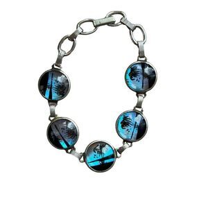 1930s Hoffman Butterfly Wing Tropical Scene Sterling Silver Link Bracelet 7.5"